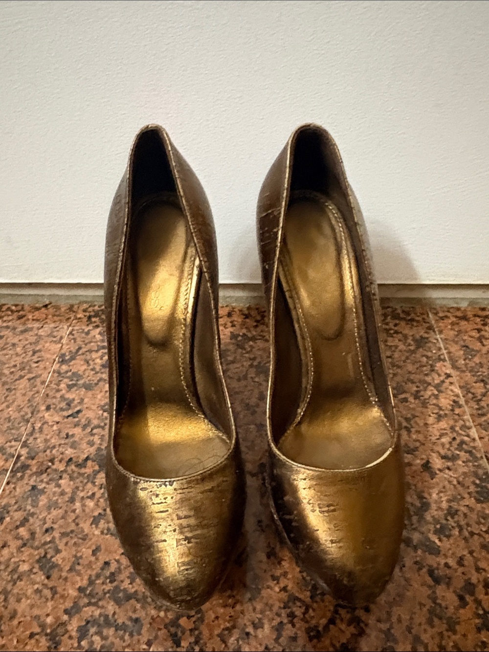 Sergio Rossi Metallic Bronze-Gold Round-Toe High Heels 36